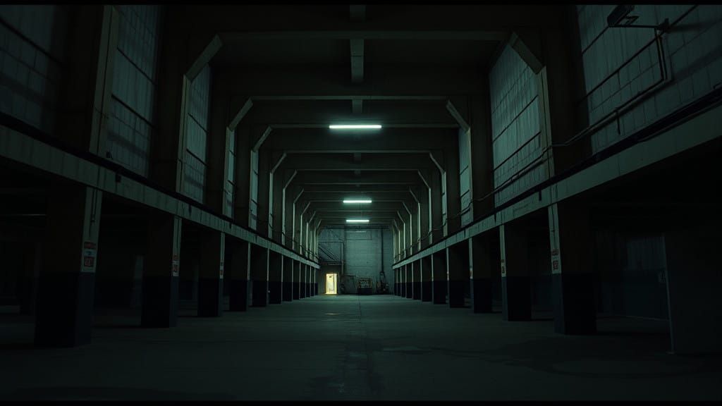 Abandoned Brutalist Warehouse in Dark, Cinematic Style