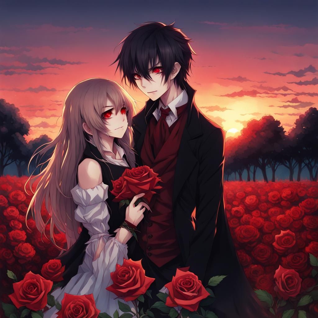 Vampire in Rose Field at Sunset, Anime Style