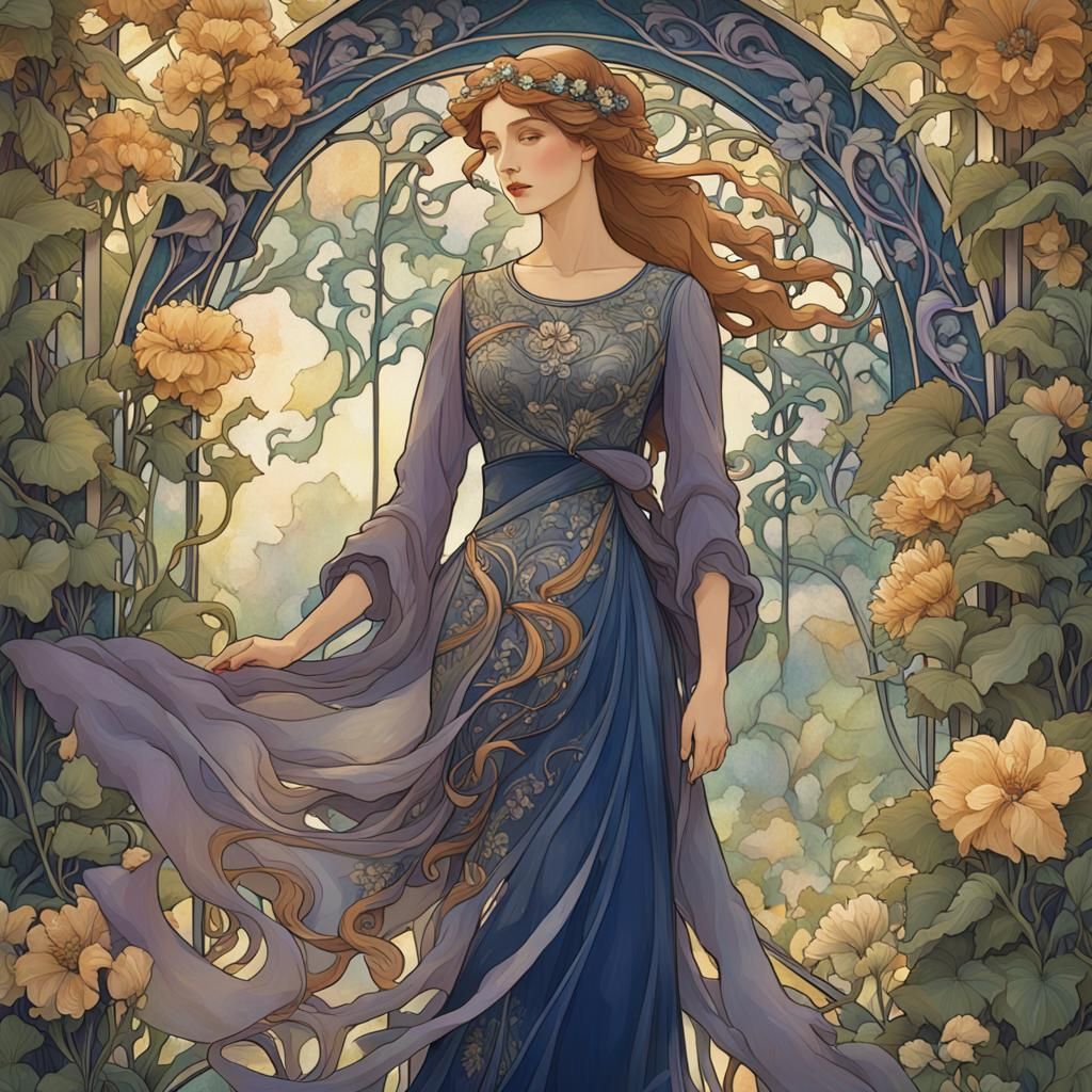 Art Nouveau Woman in Lush Garden