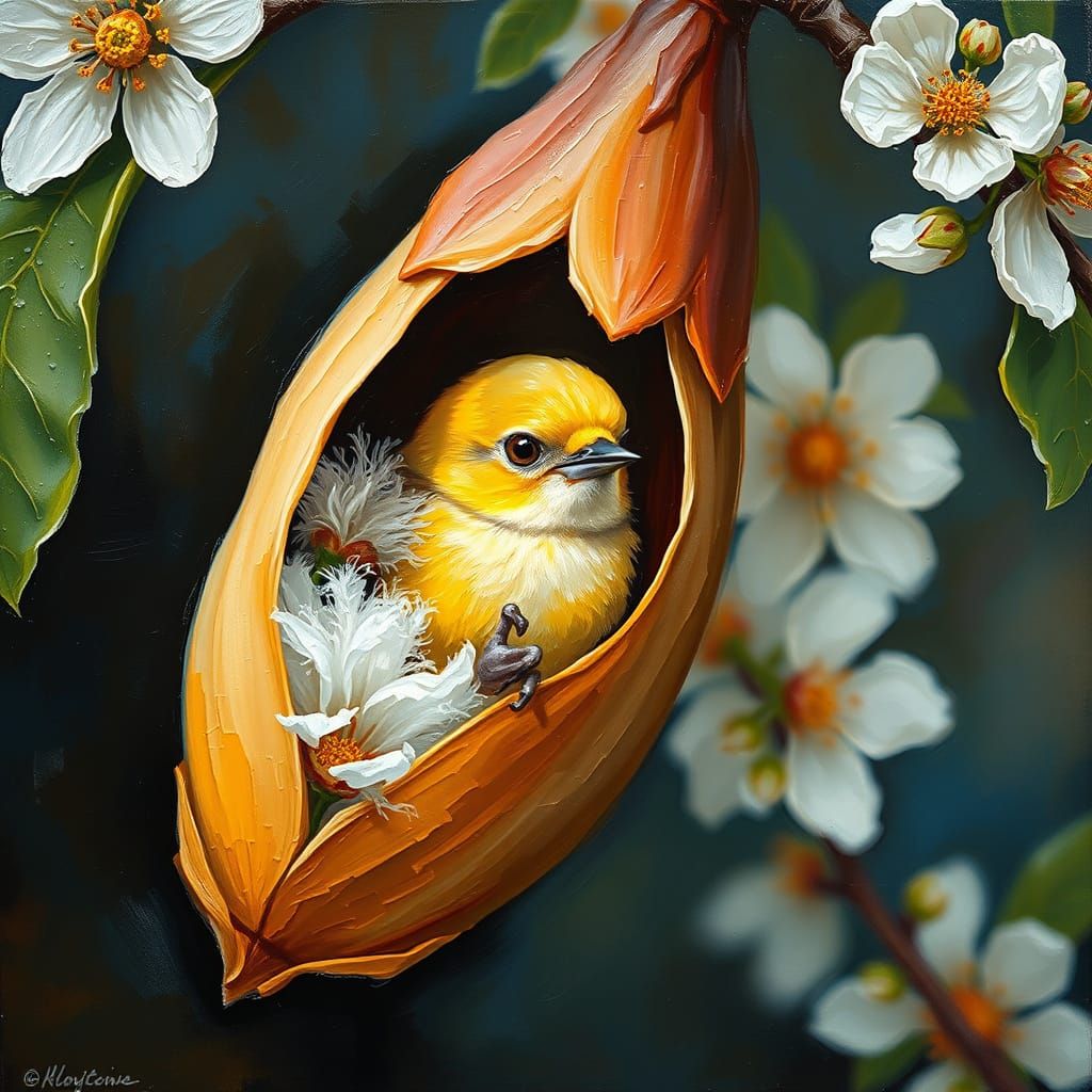 Vibrant Yellow Bird in a Cozy Floral Nook