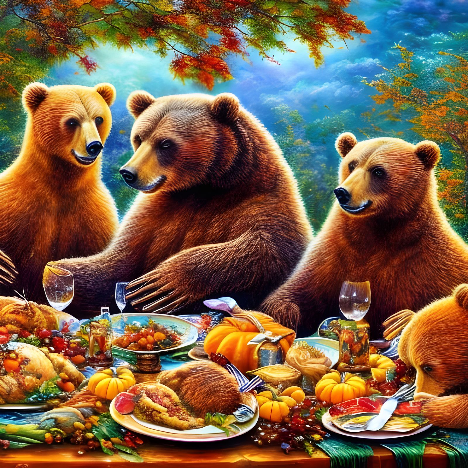 Thanksgiving Feast with Adorable Bears: A Detailed Painting