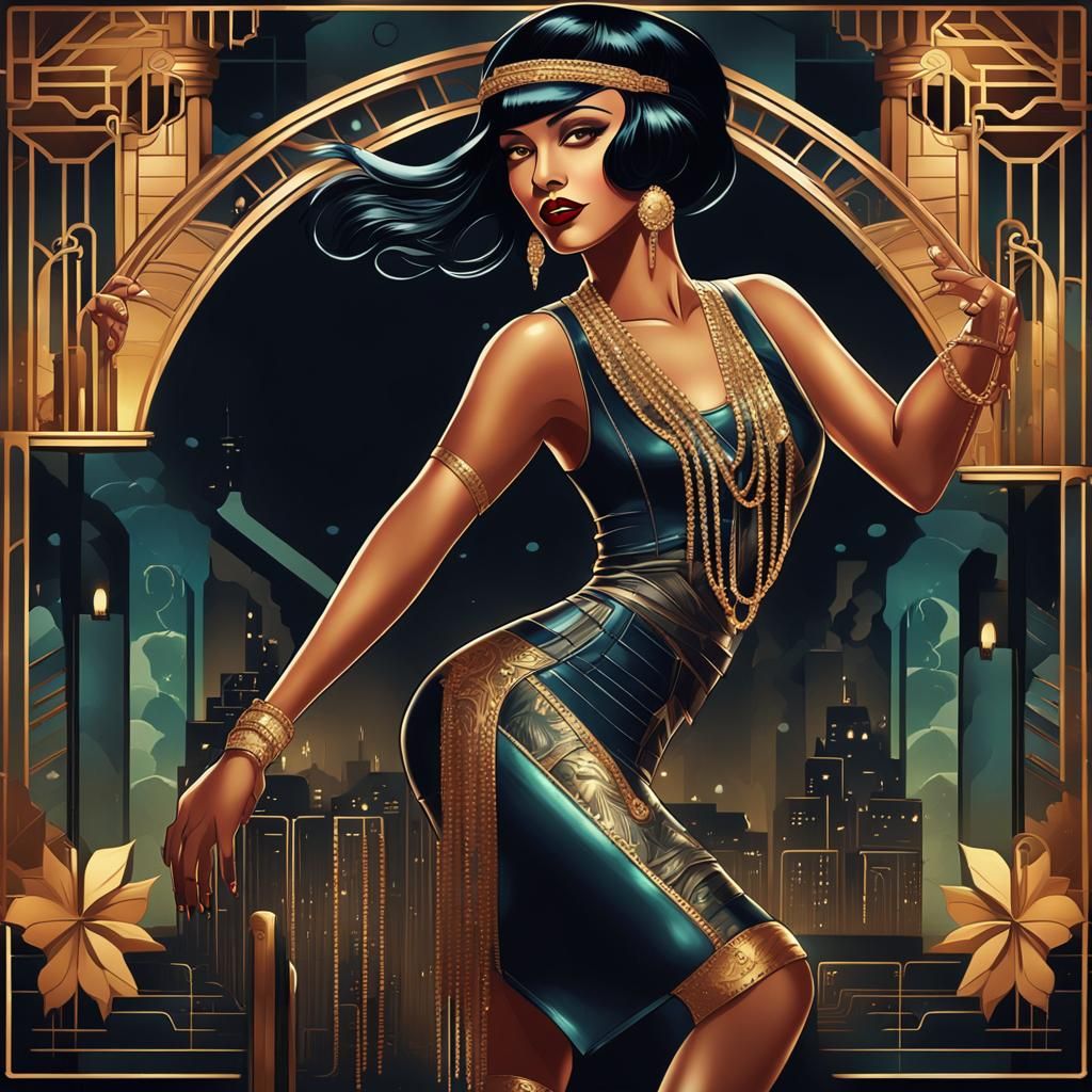 1920s Latina Flapper in Art Deco Illustration