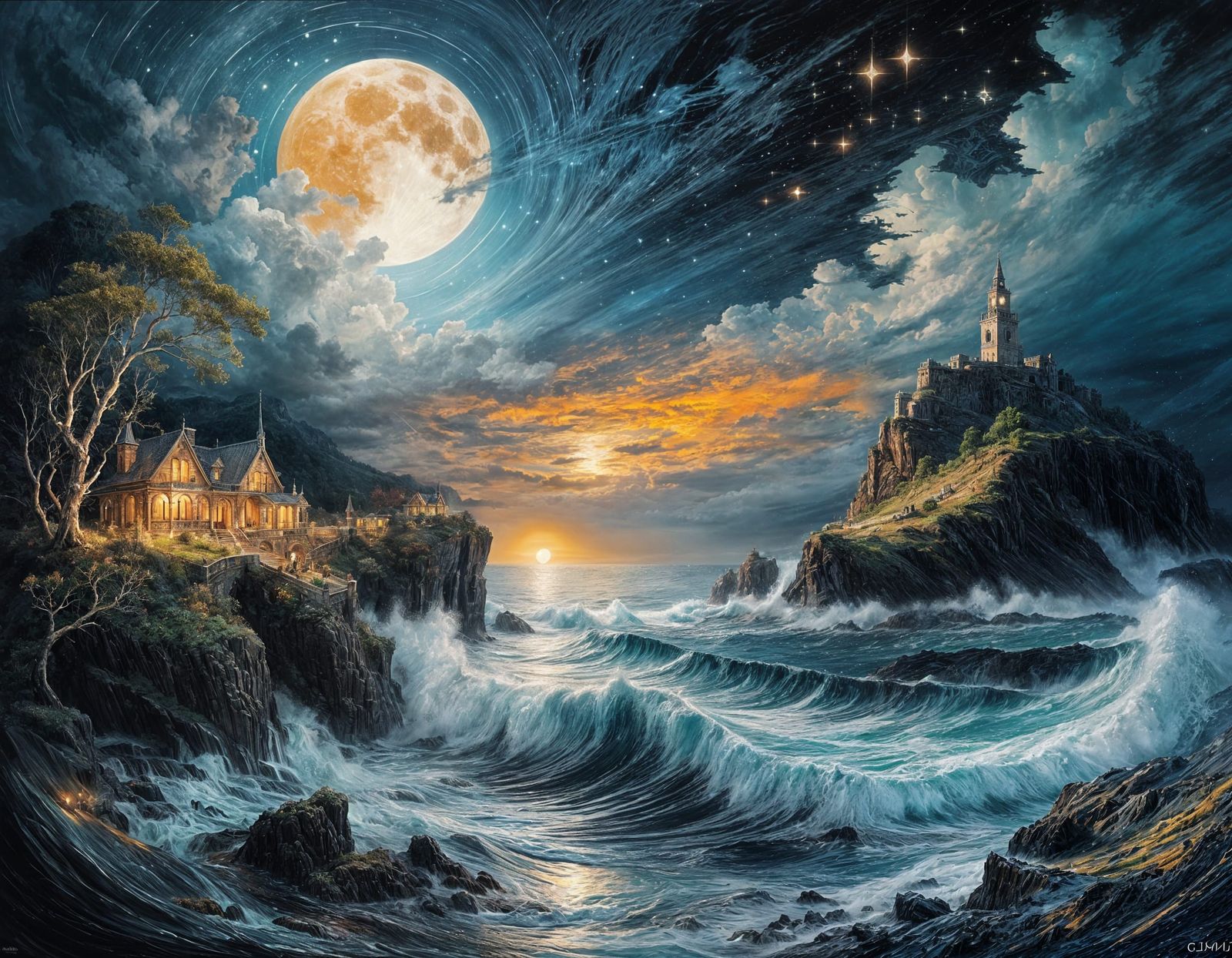 Hyperrealistic Stormy Night Filligree Landscape