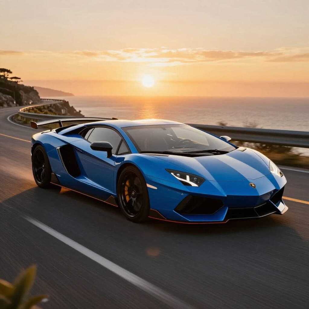 Futuristic Blue Lamborghini on Coastal Highway at Sunset