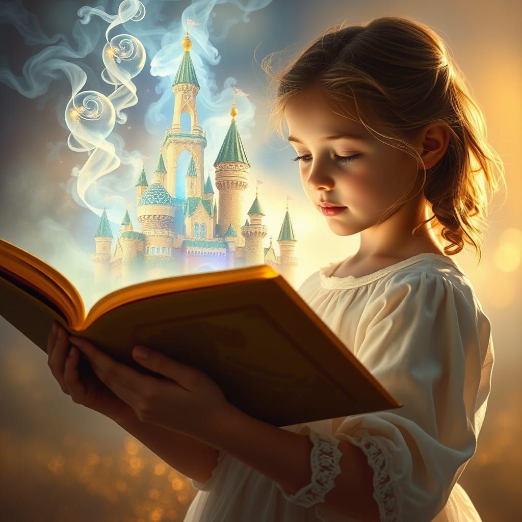 Girl Enchants Castle in Whimsical, Dreamlike Setting