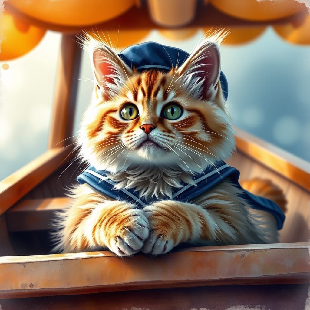 Cat Sailor in Boat, Vibrant Watercolor Portrait