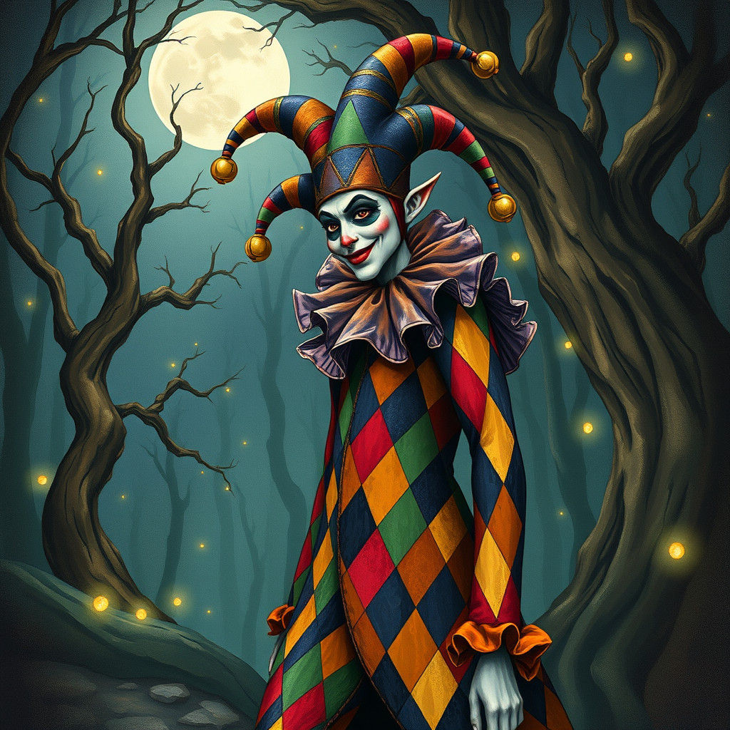 Medieval Jester in Moonlit Forest, Dreamlike Illustration