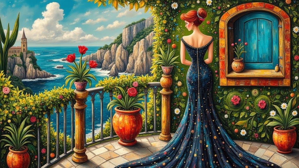 Woman on Balcony in Surrealist Cubistic Style