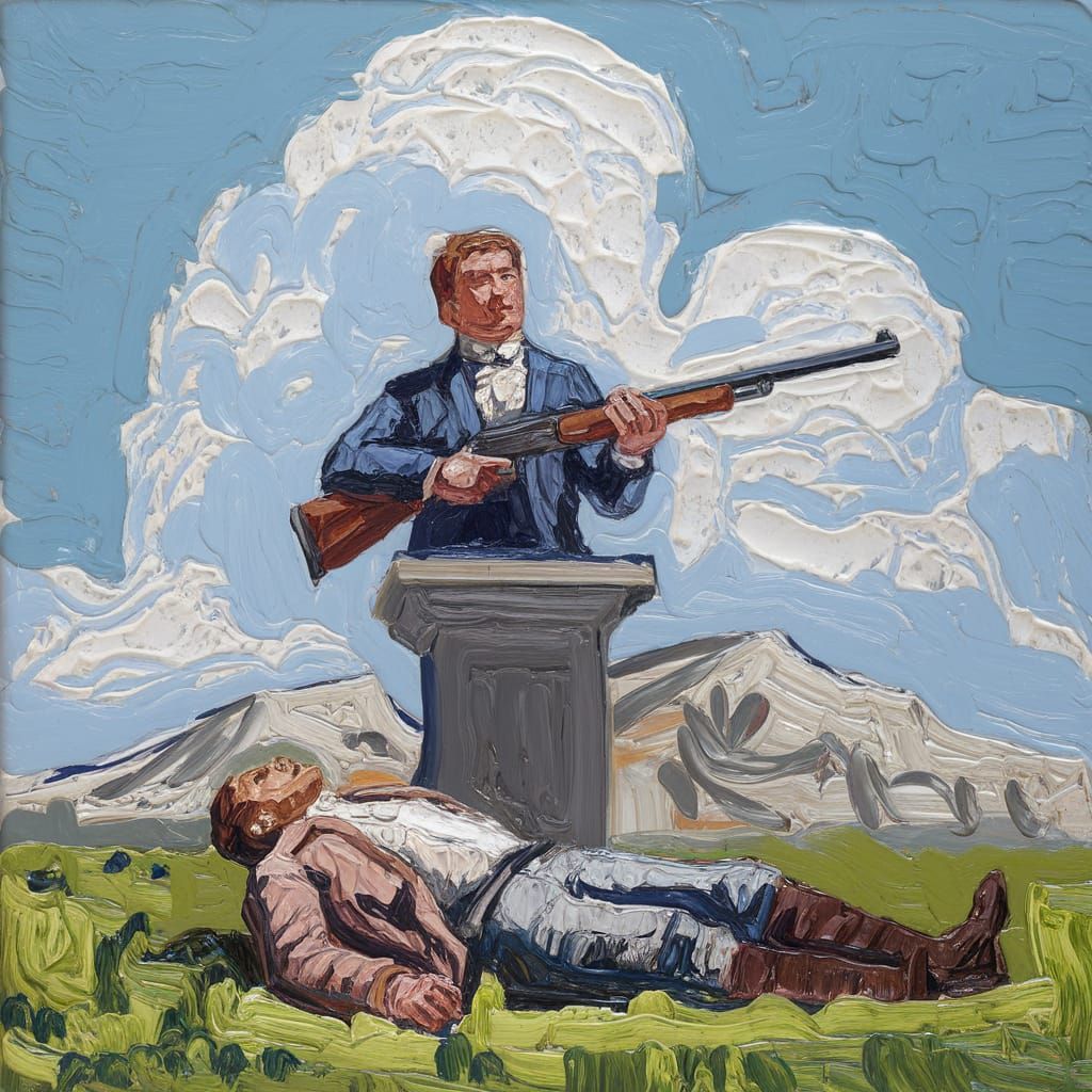 Gouache Painting of Standoff with Gun on Pedestal