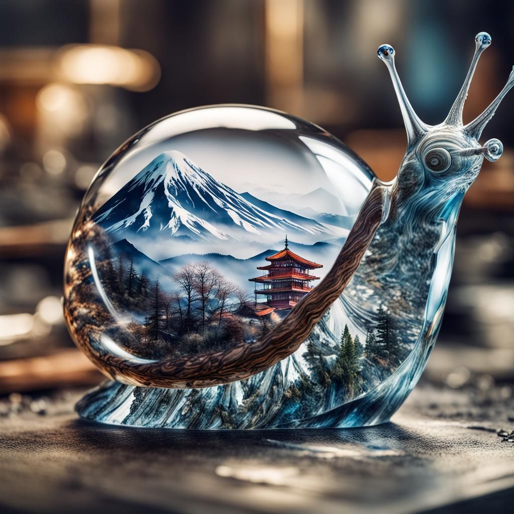 Crystal Snail and Mount Fuji: Hyperrealistic Digital Art