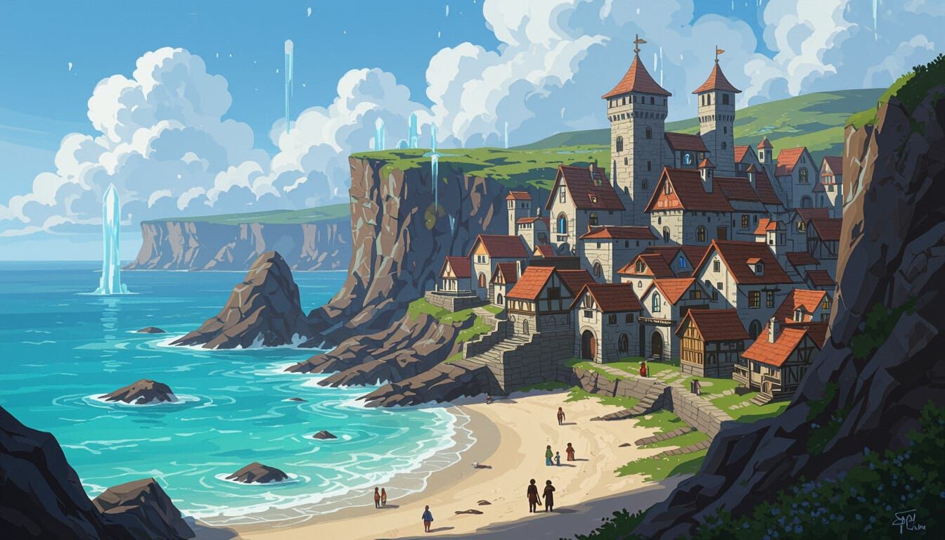 Coastal Village of Virellyn in Dark Fantasy Style
