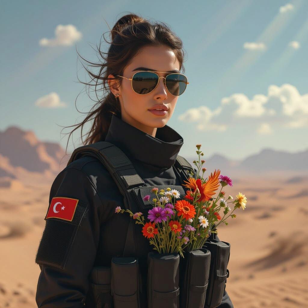 Soldier with Wildflowers in Desert, Futuristic Style