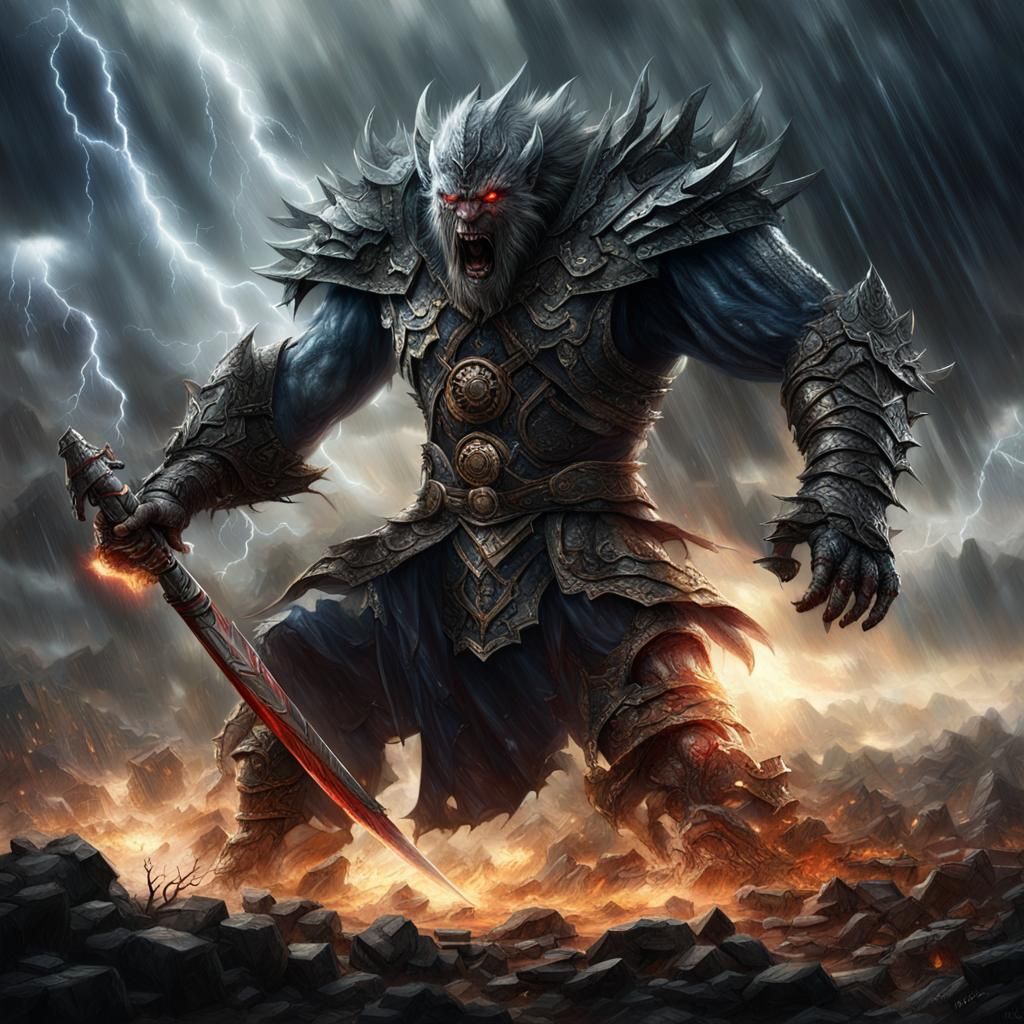 Epic Warrior Battles Gigantic Monster in Storm