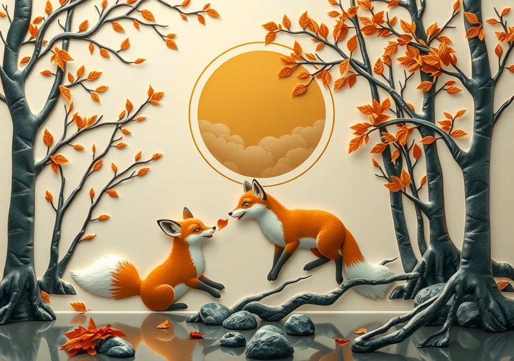 Fox Playing in Autumn Forest: Embossed Black Marble Art