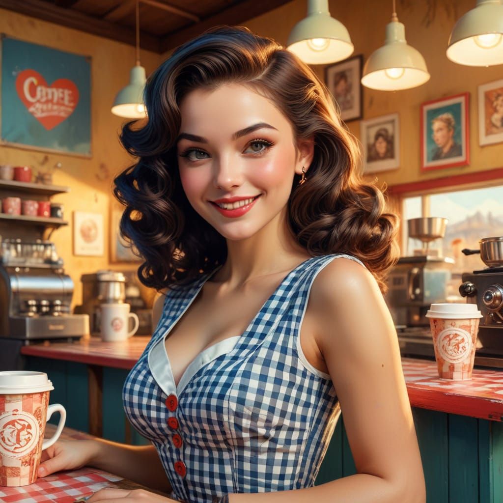 Busty Barista in 50's Coffee Shop, Gingham Style