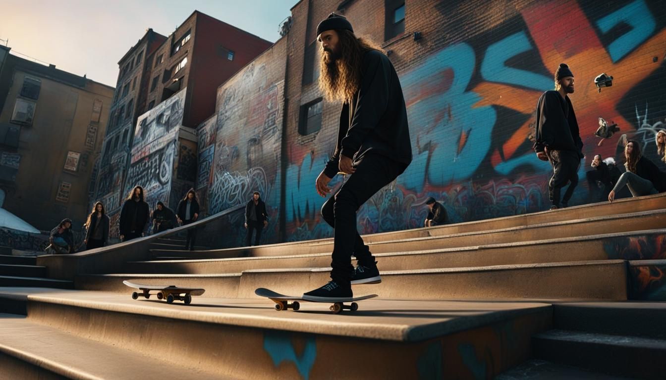 Skateboarder's Urban Tricks: A Cinematic Digital Painting