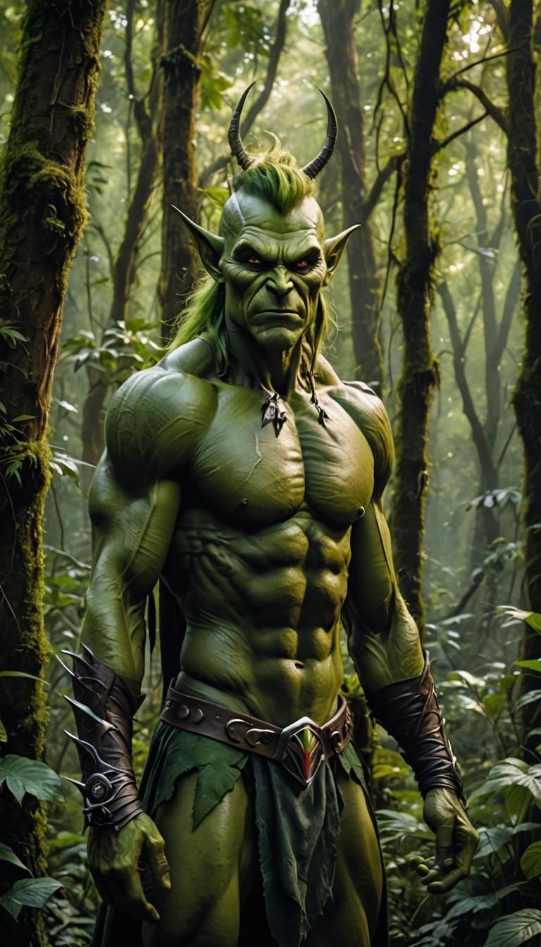 Green Goblin Man Portrait in Lush Forest