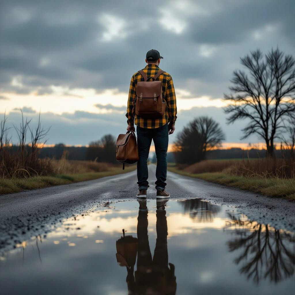 Man Reflected in Puddle Under Autumn Sky