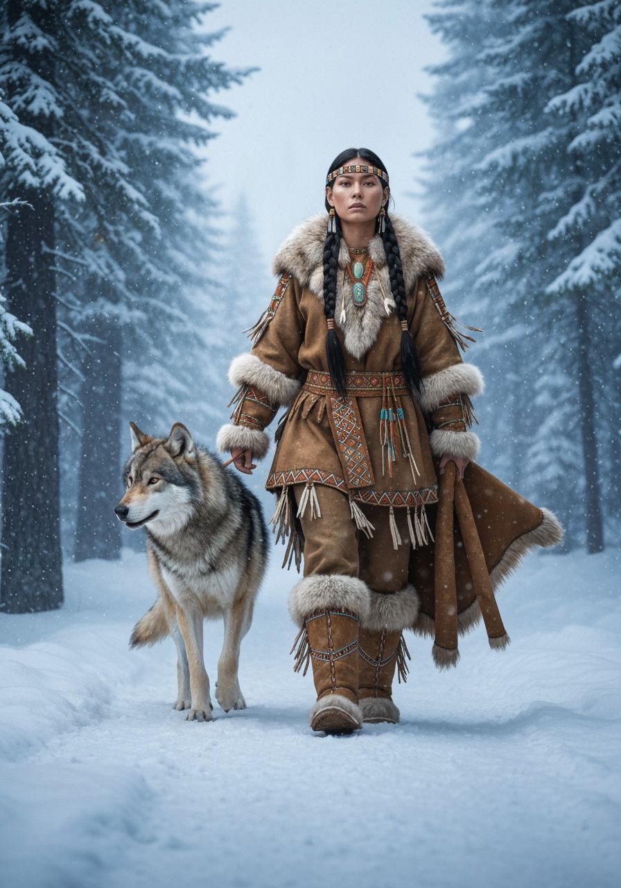 Cree Woman Walking with Wolf in Boreal Forest