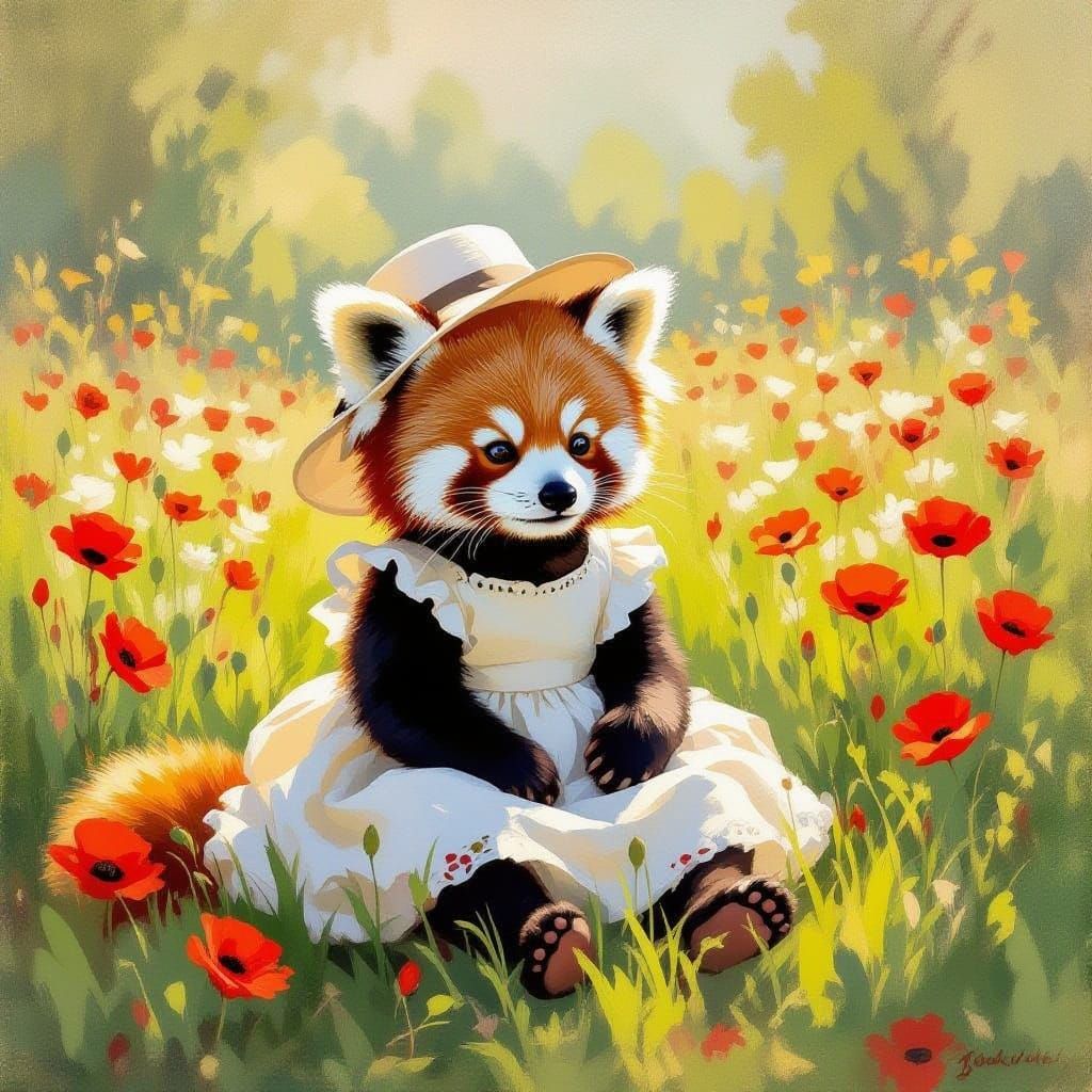Baby Red Panda in Monet Garden Impressionist Painting