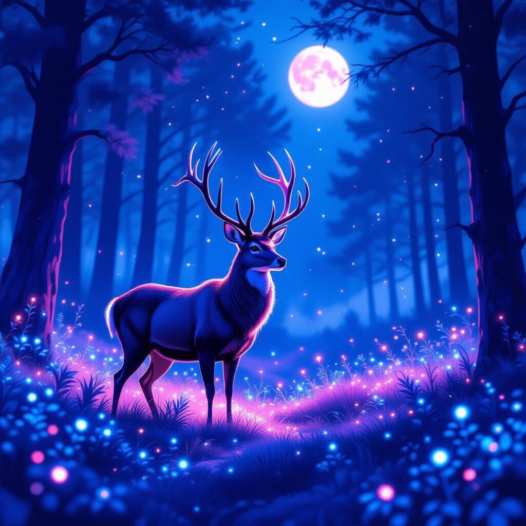Majestic Deer Forest Spirit in Bioluminescent Glen