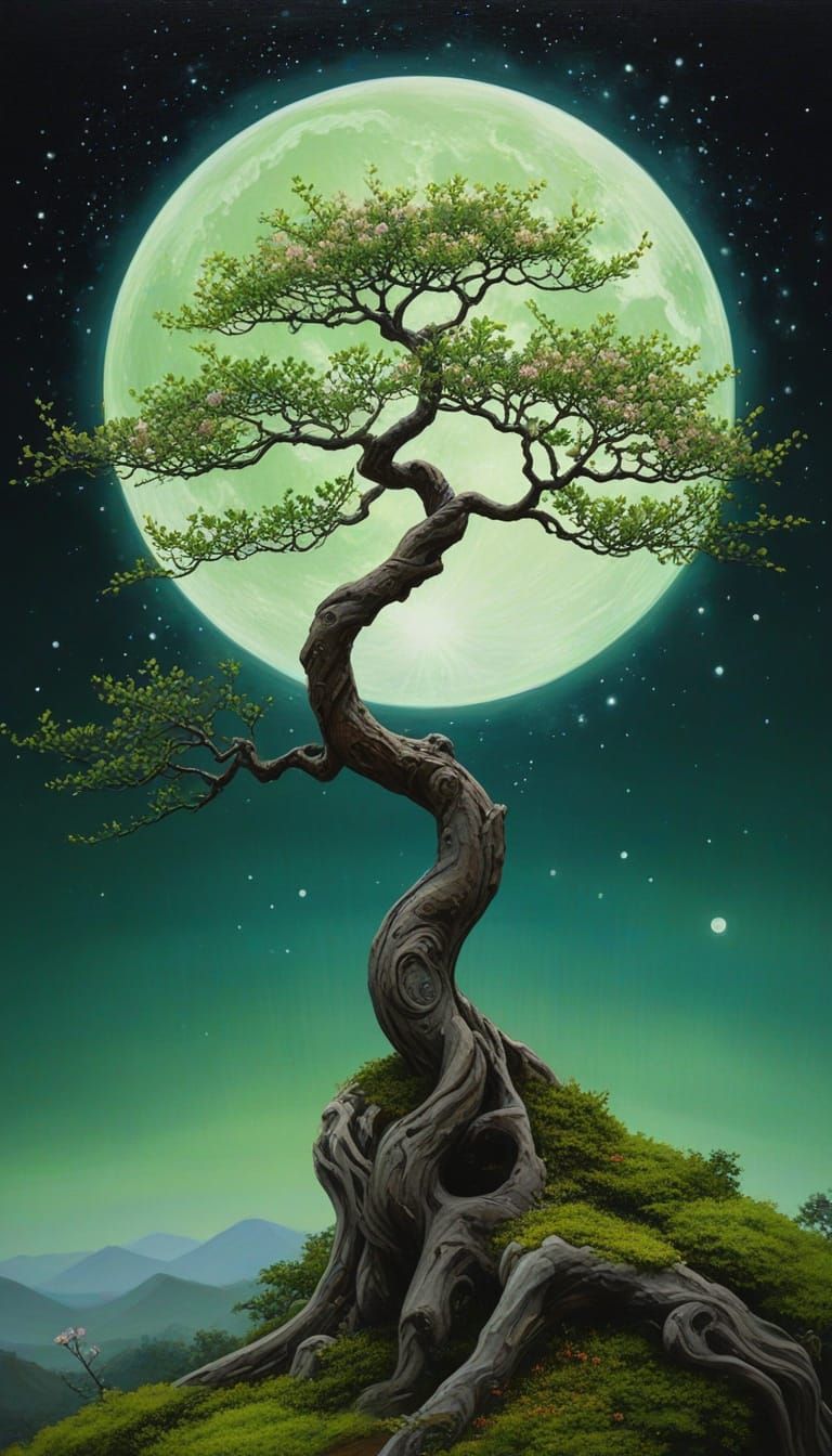 Blossom Bonsai in Tranquil Landscape: Surreal Oil Painting