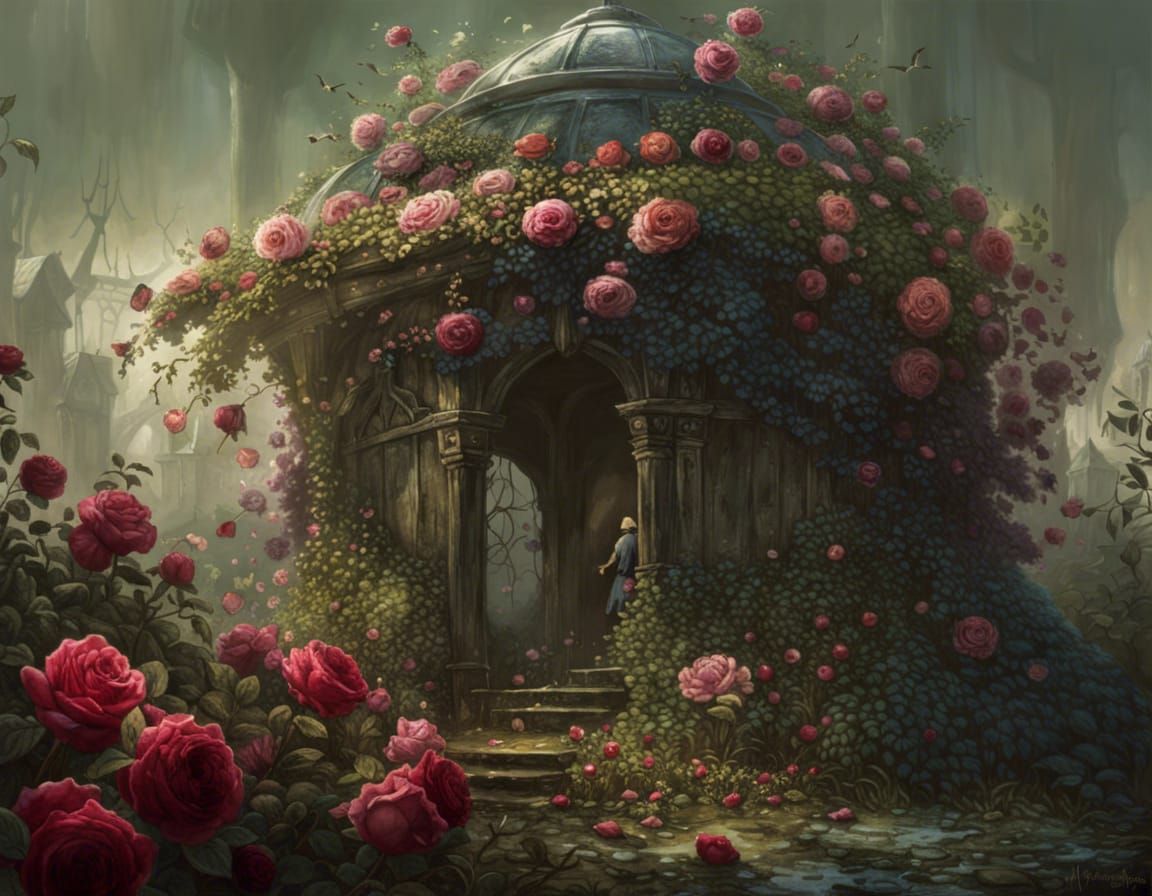 Rose Covered Arbor in Misty Fantasy Garden