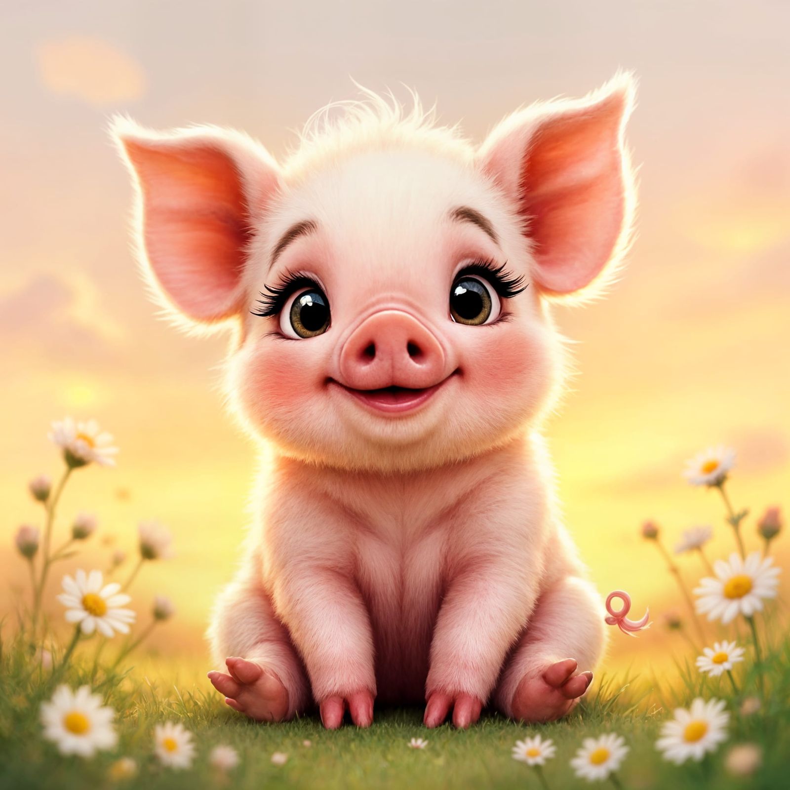 Adorable Piglet in Pastel Sunset: Digital Color Pencil Illus...