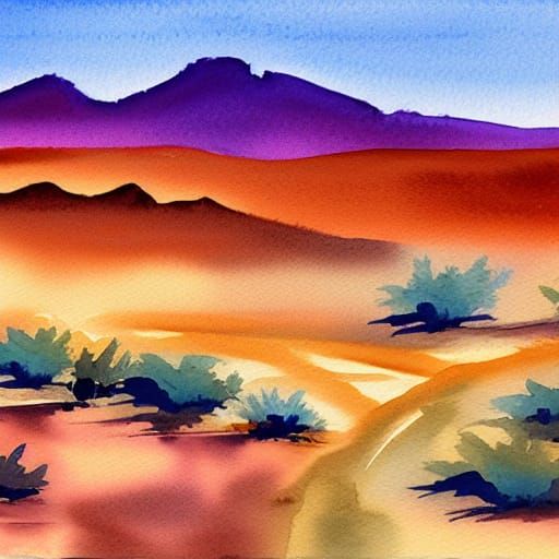 Watercolor Desert Landscape in Complementary Colors