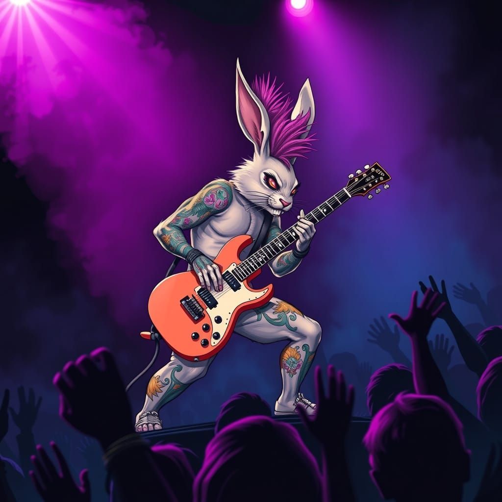 Rock Star Rabbit Sings and Plays Guitar with Mohawk