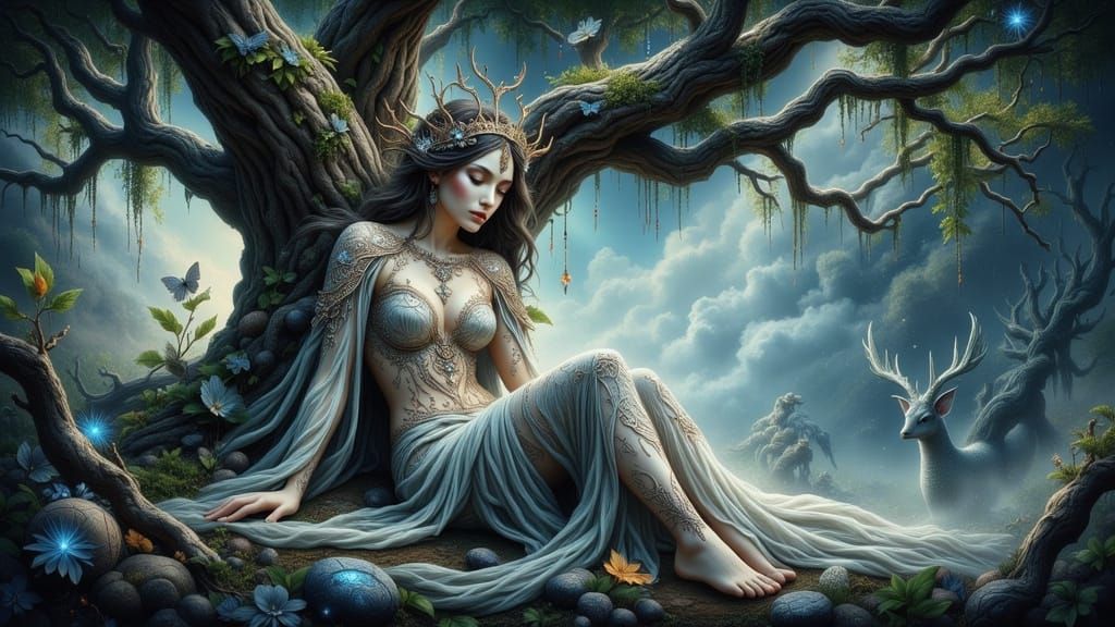 Celestial Nymph Safeguards Ancient Oak in Anime Style