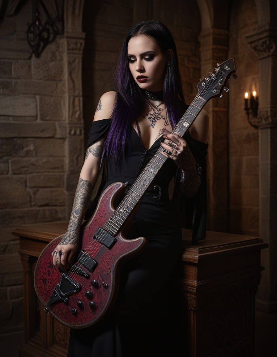 Gothic Beauty Plays Guitar in Crypt: Dramatic Photography