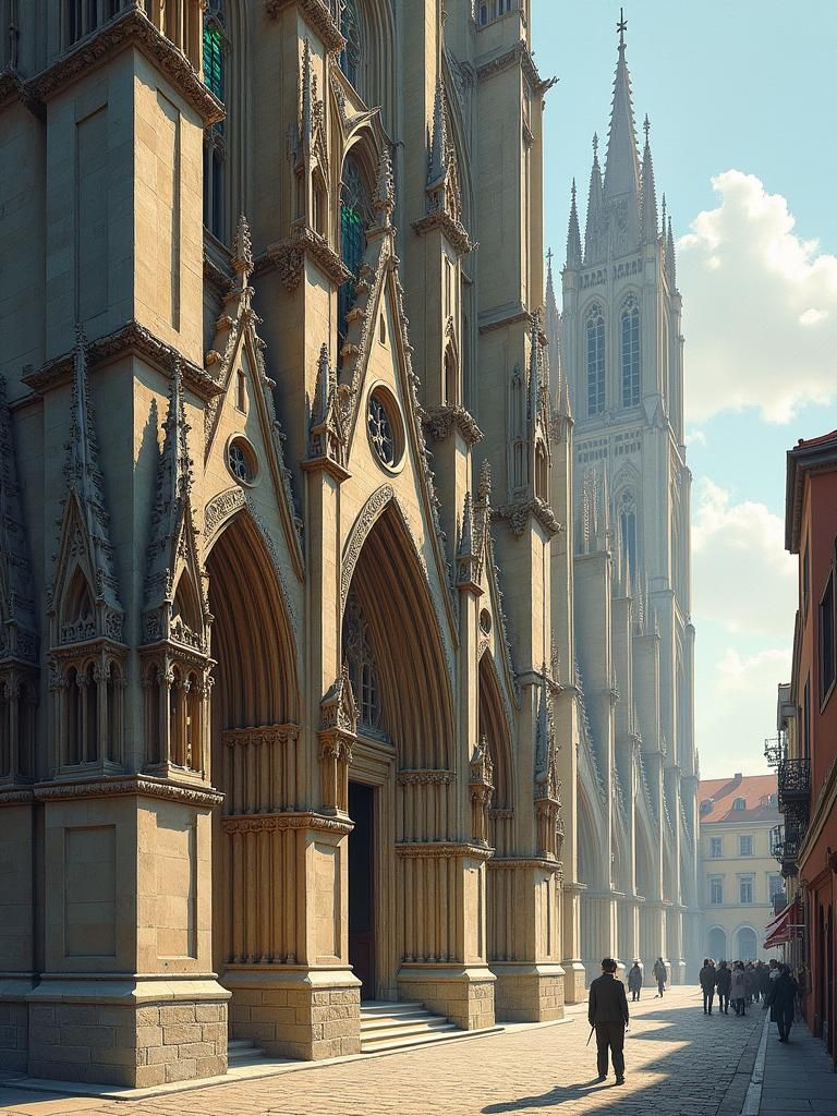 Gothic Cathedral Exterior Engraving with Gargoyles