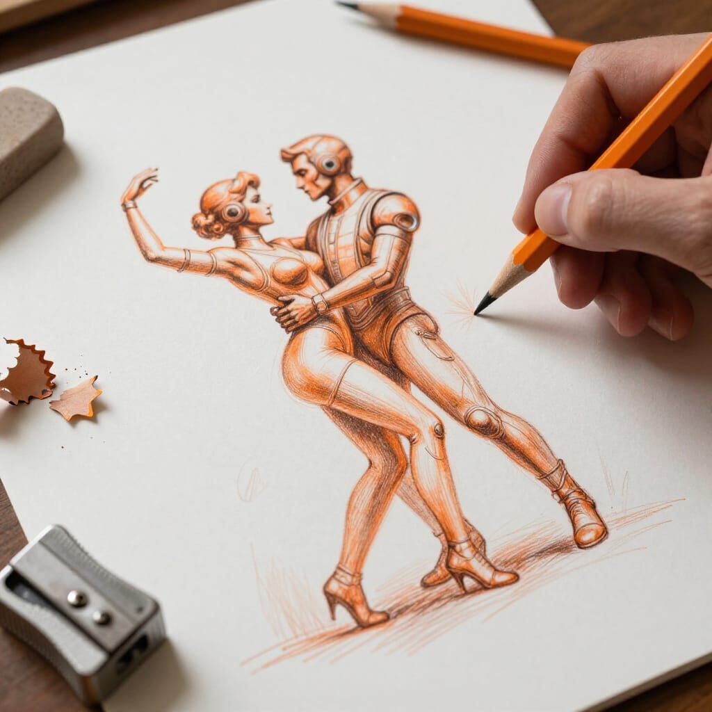 Retro-Futuristic Couple Sketch in Orange Monochrome