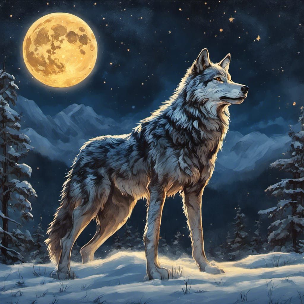 Midnight Blue Wolf Howling at Winter Moon