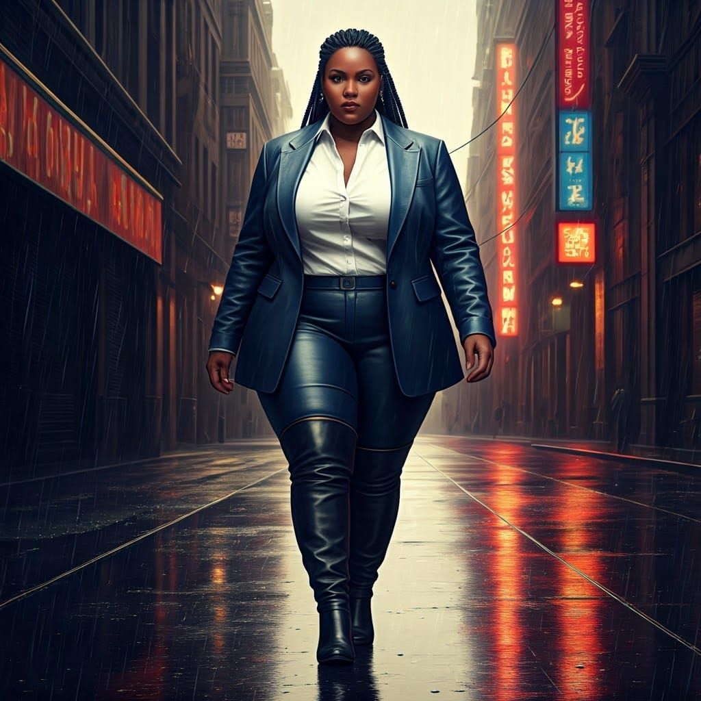 Black Plus-Size Samurai in Rainy City Street