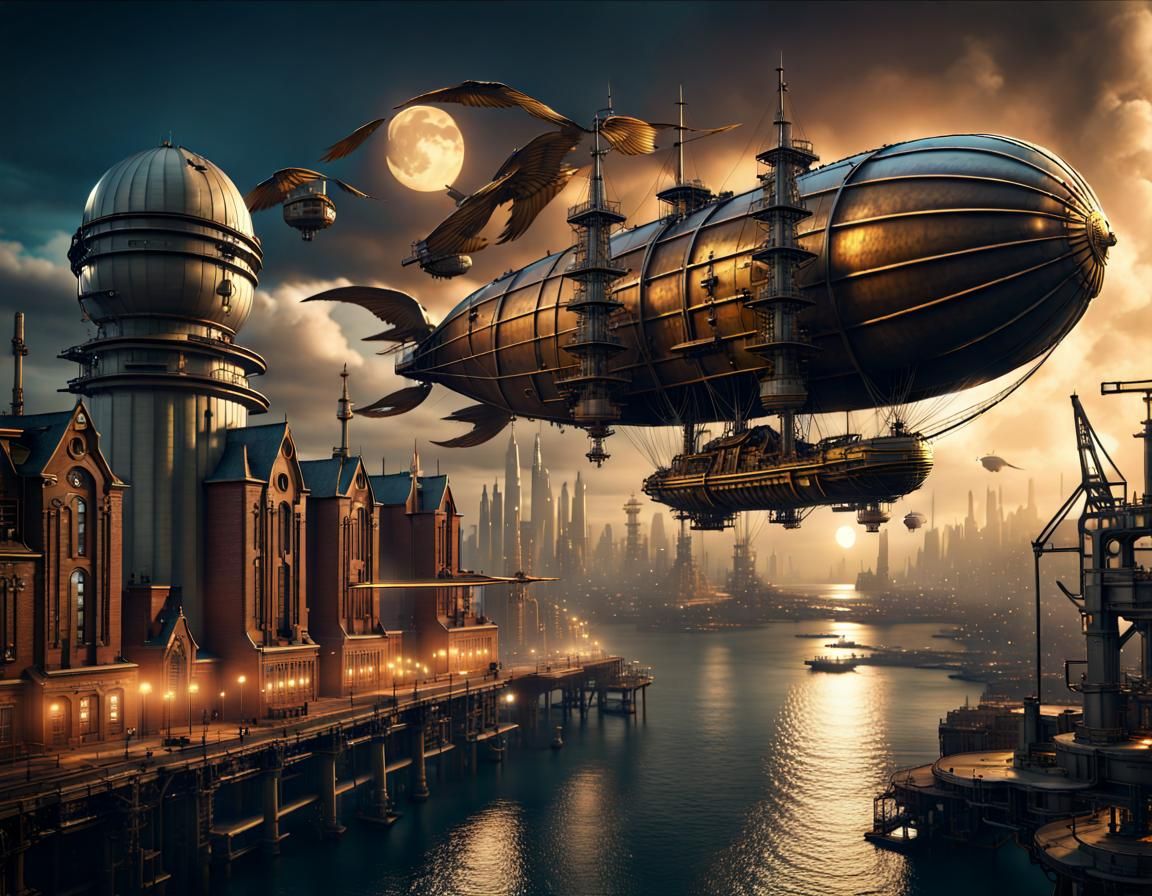 Steampunk Zeppelin Over Industrial City at Night