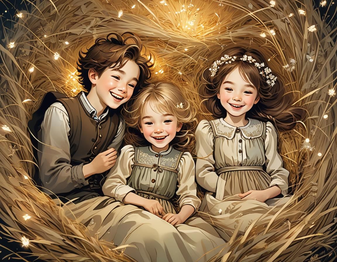 Idyllic Siblings Laughing in Hay: Whimsical Illustration