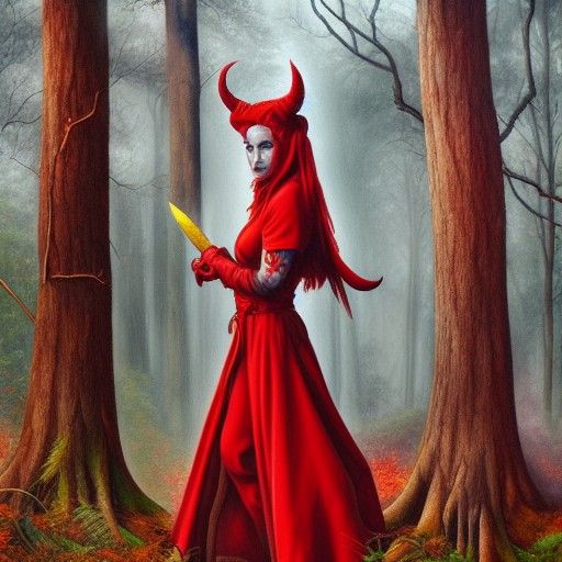 Tiefling Rogue in Dystopian Forest: Hyperrealistic Oil Paint...