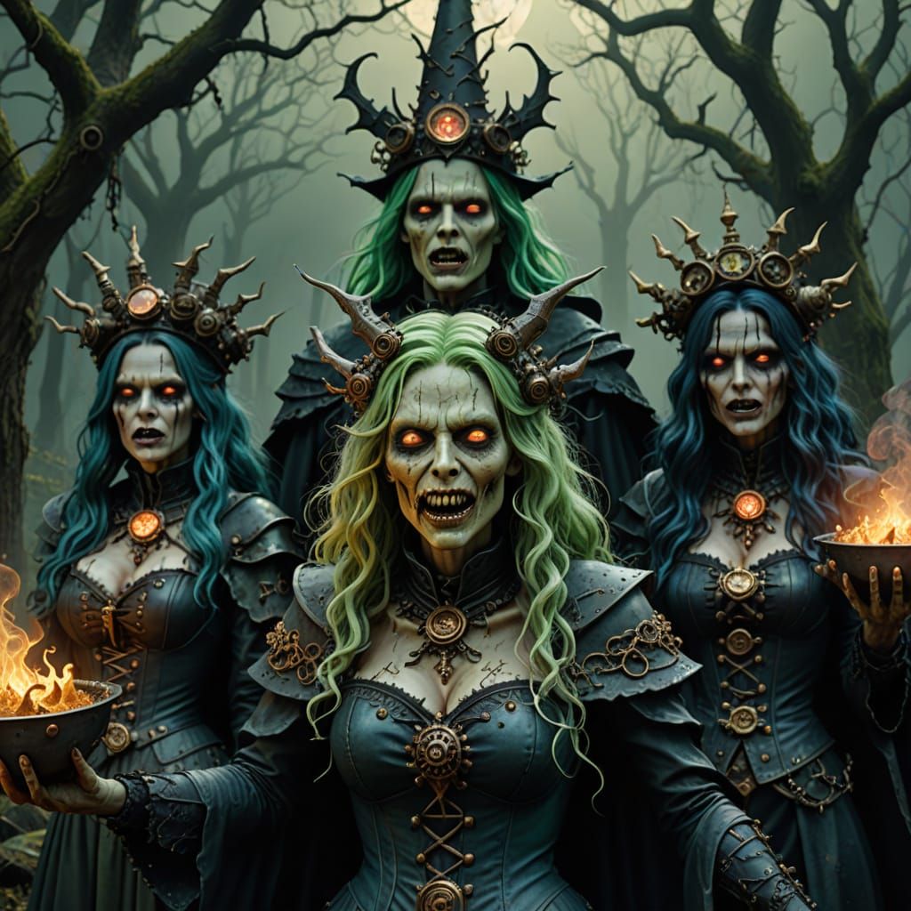 Steampunk Zombie Witches and Pig Man in Cauldron