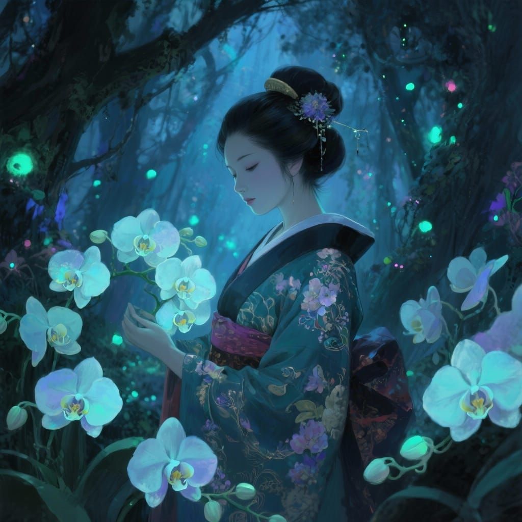 Geisha in Bioluminescent Forest: Painterly Film Still