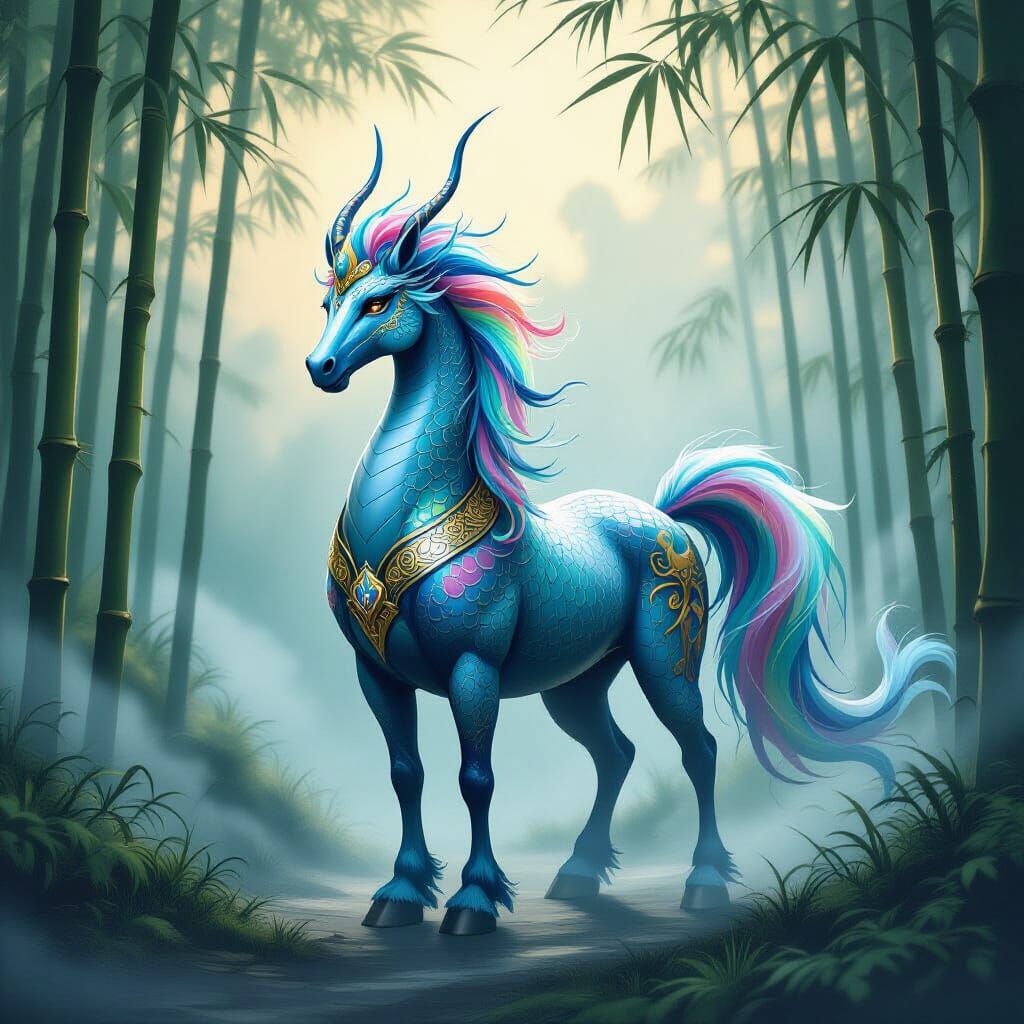 Mythical Qilin-Kirin Hybrid in Misty Bamboo Forest