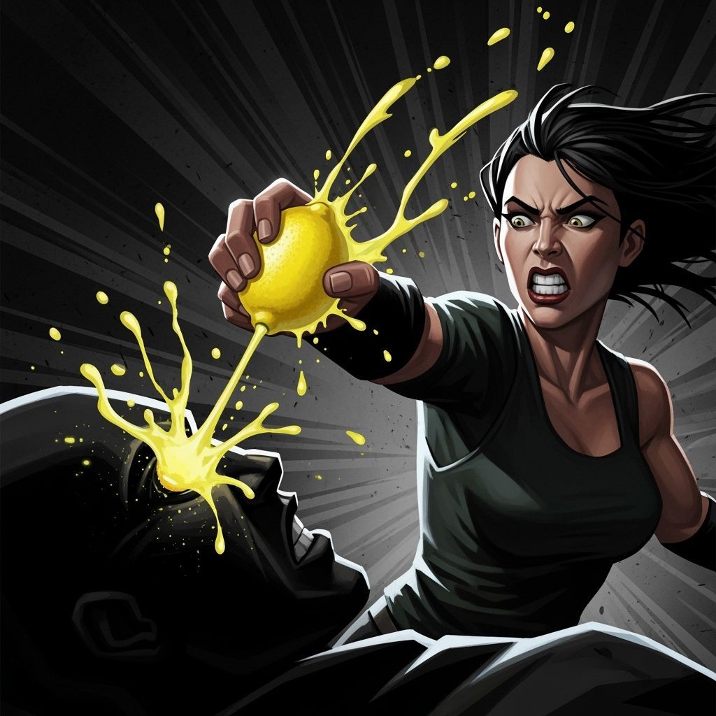 Determined Woman Squirts Lemon Juice at Enemy in Comic Style