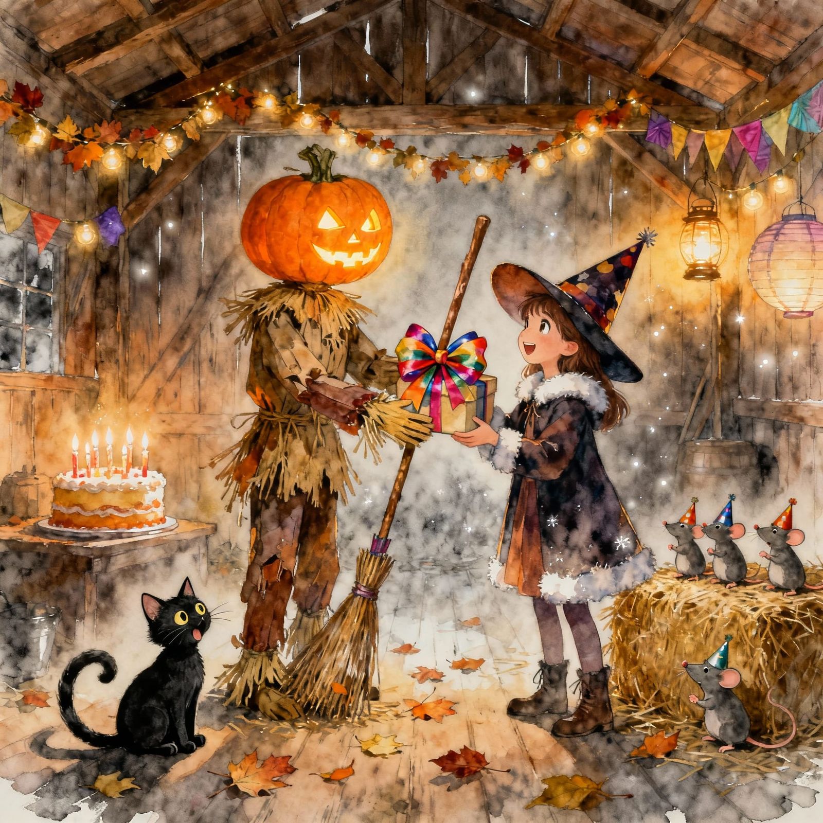 Fairytale Autumn Barn Birthday Scene with Witch and Scarecro...