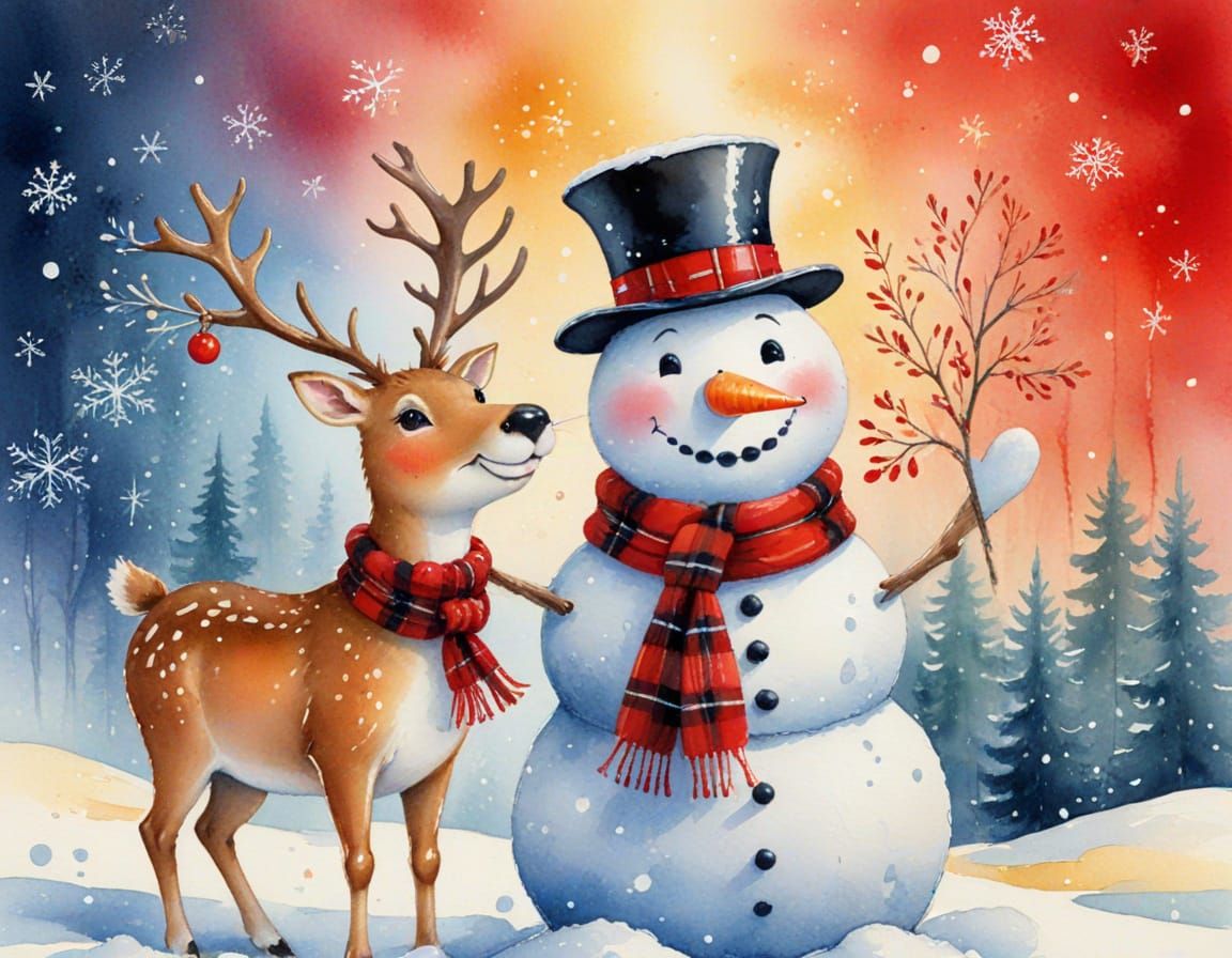 Whimsical Snowman and Reindeer Watercolor Illustration