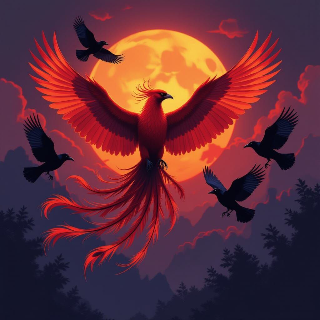 Phoenix in Flight Surrounded by Ravens