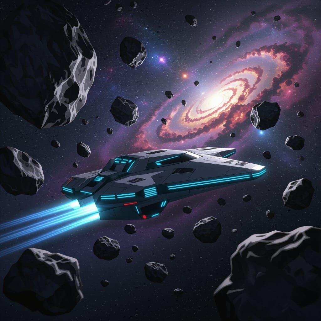 Minimalist Spaceship Navigates Asteroid Field Concept Art