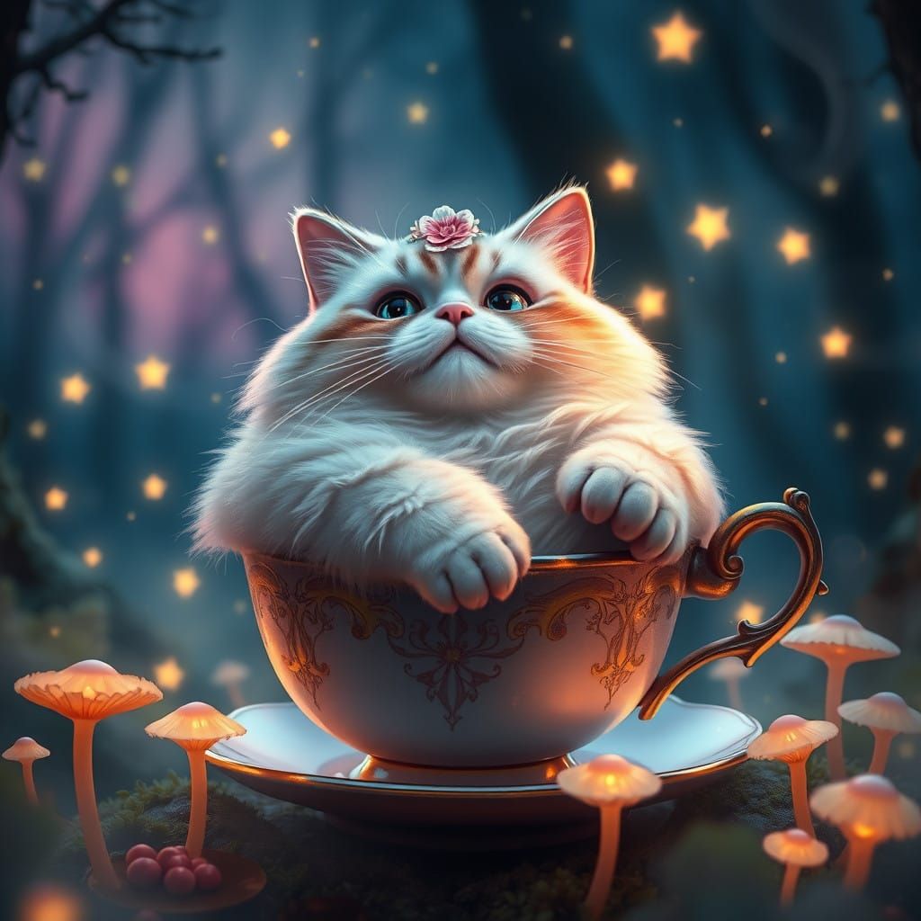Whimsical Feline in Twilight Forest