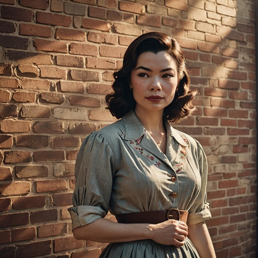 Miranda Cosgrove with a large chest dressed as a 1950's homemaker standing against a brick wall looking out a window wit...