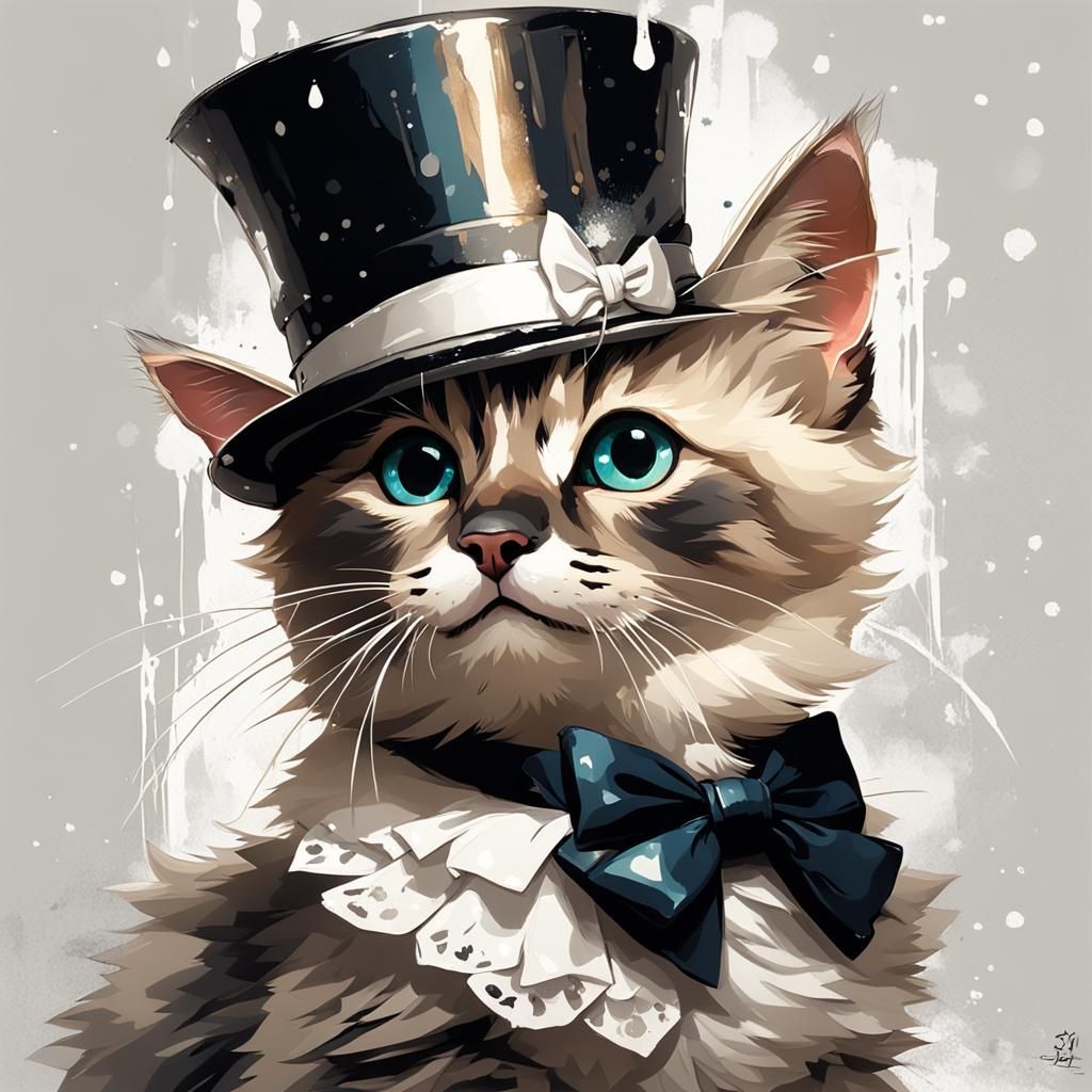 Siamese-Calico Kitten in Top Hat, Digital Art